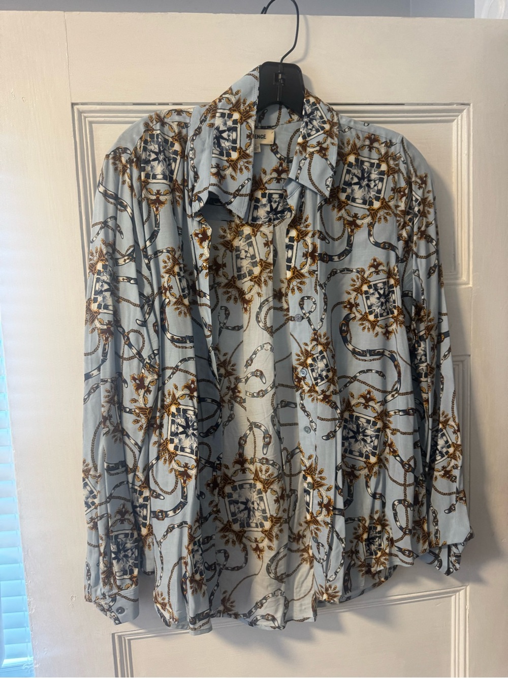 L'AGENCE Light Blue Button-Down Shirt with Gold Chain Motif